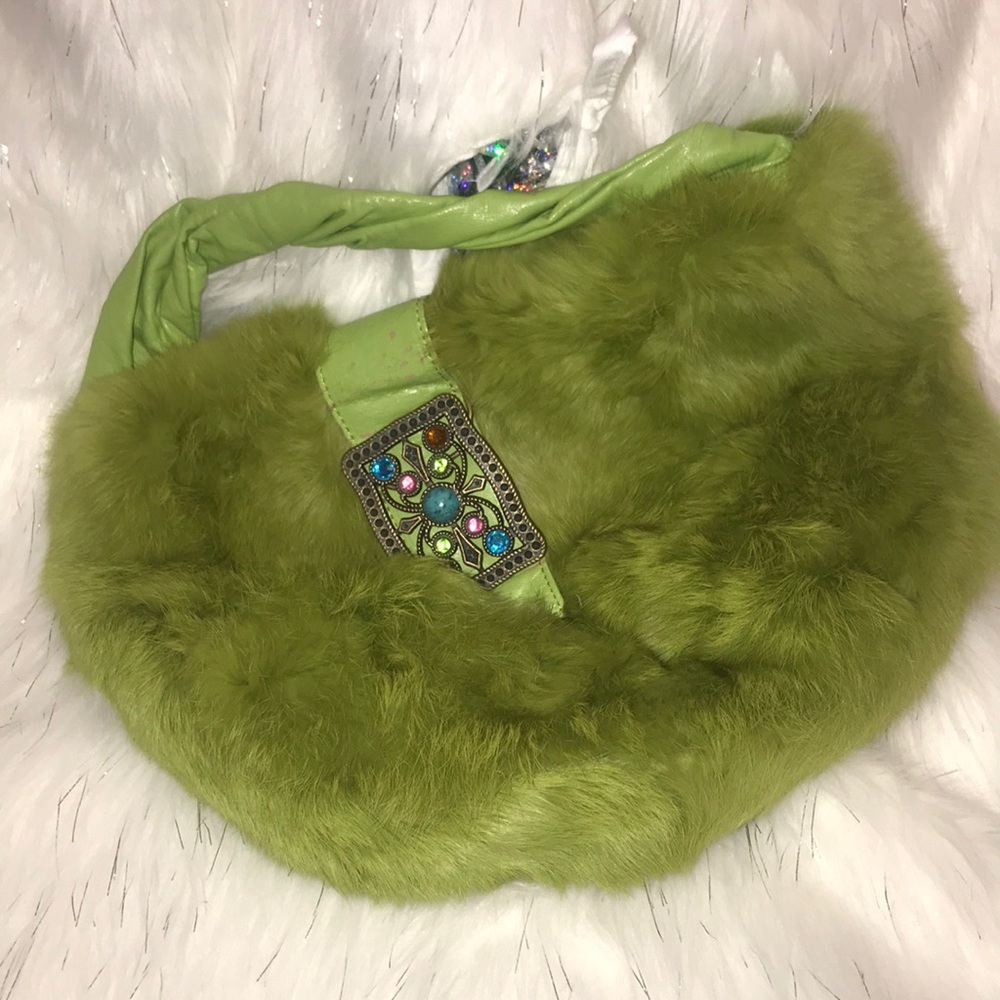 Lime green rabbit fur purse